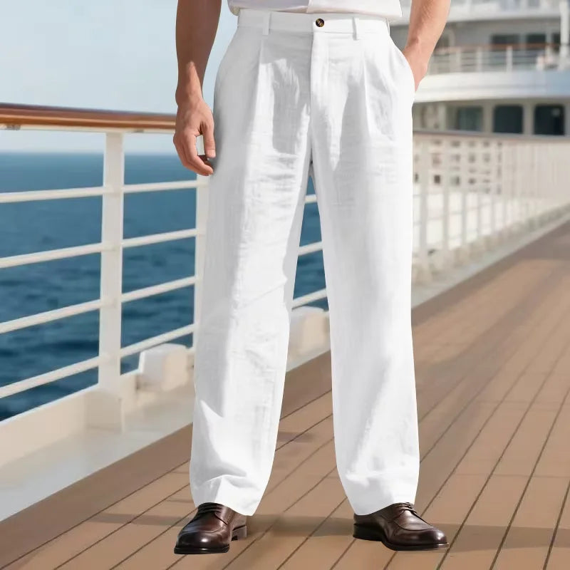 Men's Linen Cotton Pants Classic Straight Fit Trousers Breathable Lightweight Stretch Waist Casual Cool Fabric For Summer Beach