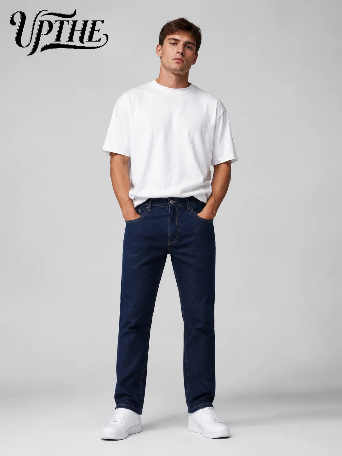UP.THE Men Dark Blue Slim Fit Straight Leg Jeans, Classic Stretch Denim Pants, Casual Streetwear Trousers for Daily Work & Daily Outfits