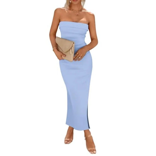 Women's Summer Bodycon Maxi Tube Dress Ribbed Strapless Side Slit Long Going Out Casual Elegant Party Dresses