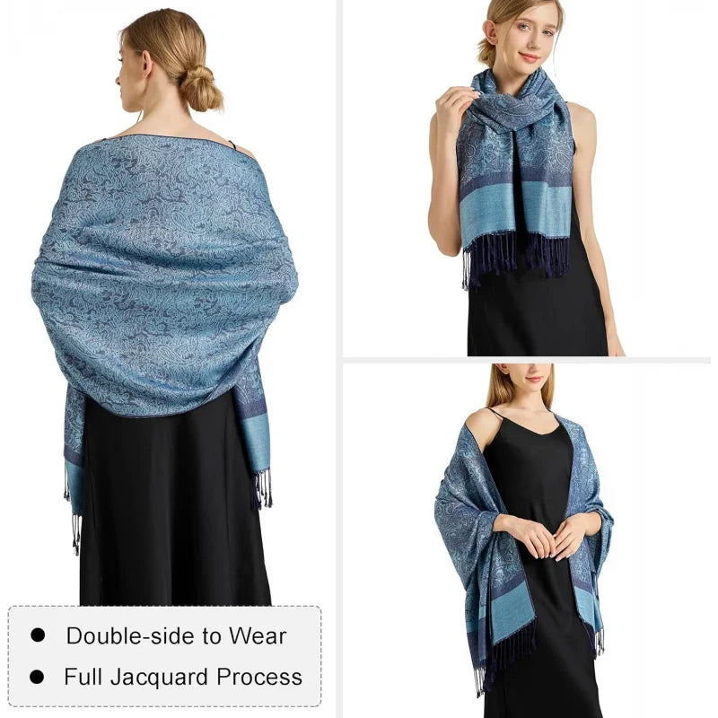 Silky Paisley Pashmina Shawl Scarf-Women's Soft Double-side Jacquard Pashminas Wrap for Evening Dress Travel Shawl