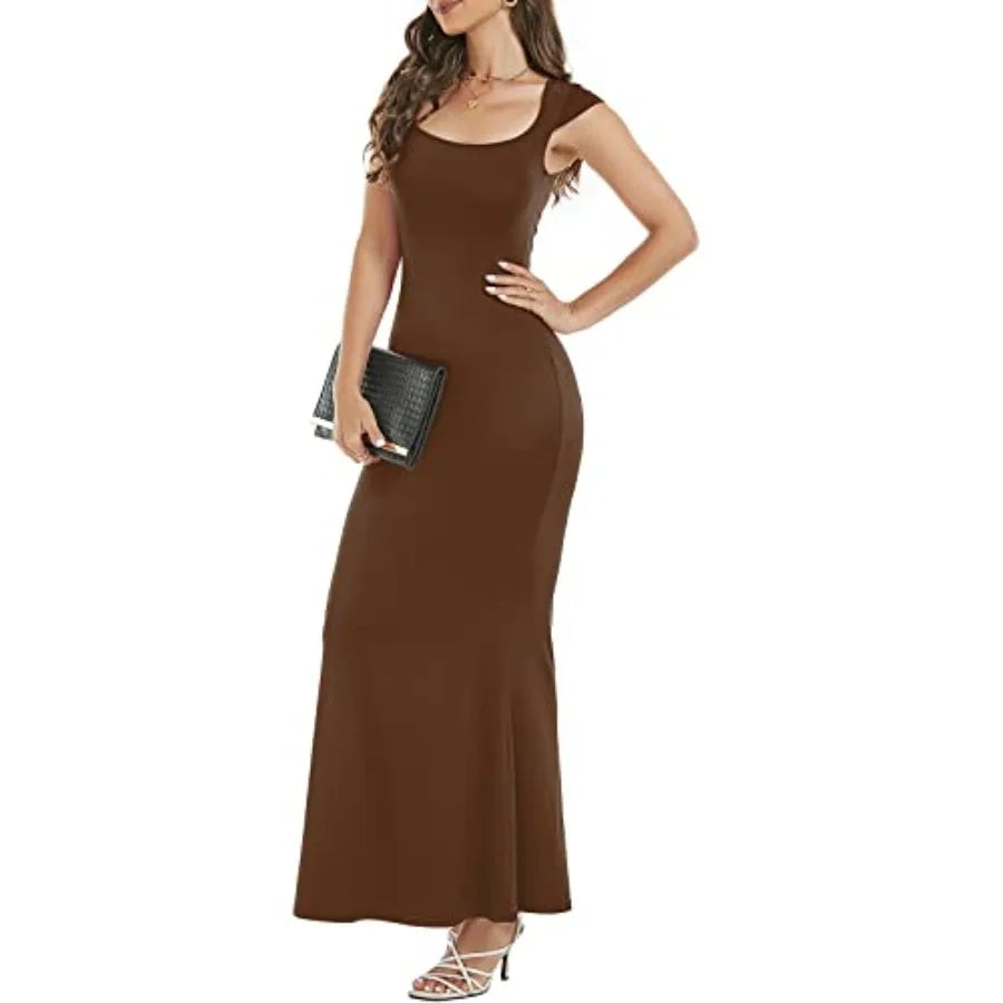 Womens Summer Cap Sleeve Square Neck Elegant Casual Lounge Bodycon Slim Maxi Evening Party Long Dress