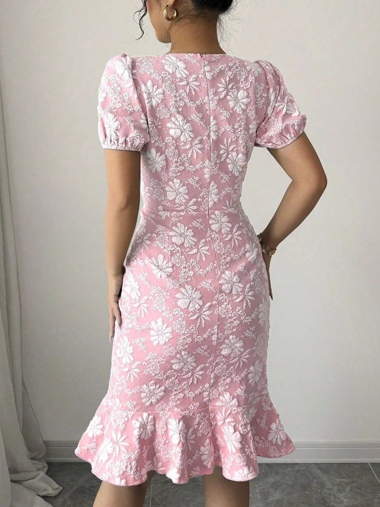 Elegant Lady Ruffled Hem Short Sleeve Dress New Skinny Hip Covering Slim Knee Length Dress Casual All-Match Solid O-Neck