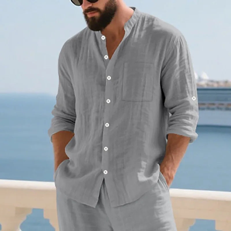 Men White Linen Button Down Long Sleeve Shirt Mandarin Collar Chest Pocket Roll Tab Cuff Loose Oversized Breathable Textured Beach Vacation Casual Holiday Top