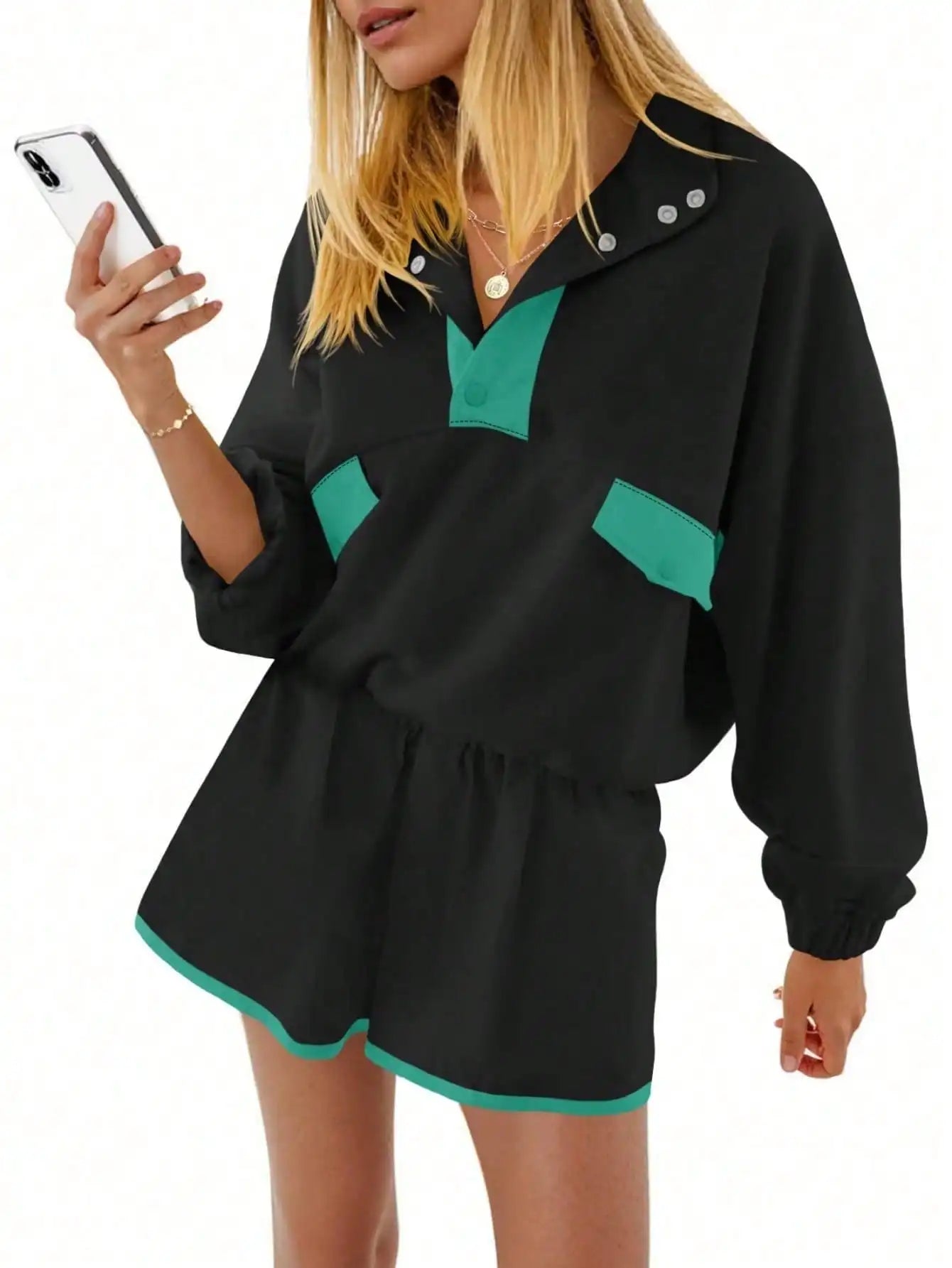 Womens Two Piece Outfits Casual Loose Lounge Set Y2K Color Block Sweatshirt And Running Shorts Fall Streetwear Tracksuit