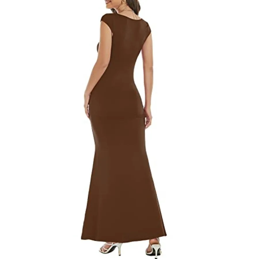 Womens Summer Cap Sleeve Square Neck Elegant Casual Lounge Bodycon Slim Maxi Evening Party Long Dress
