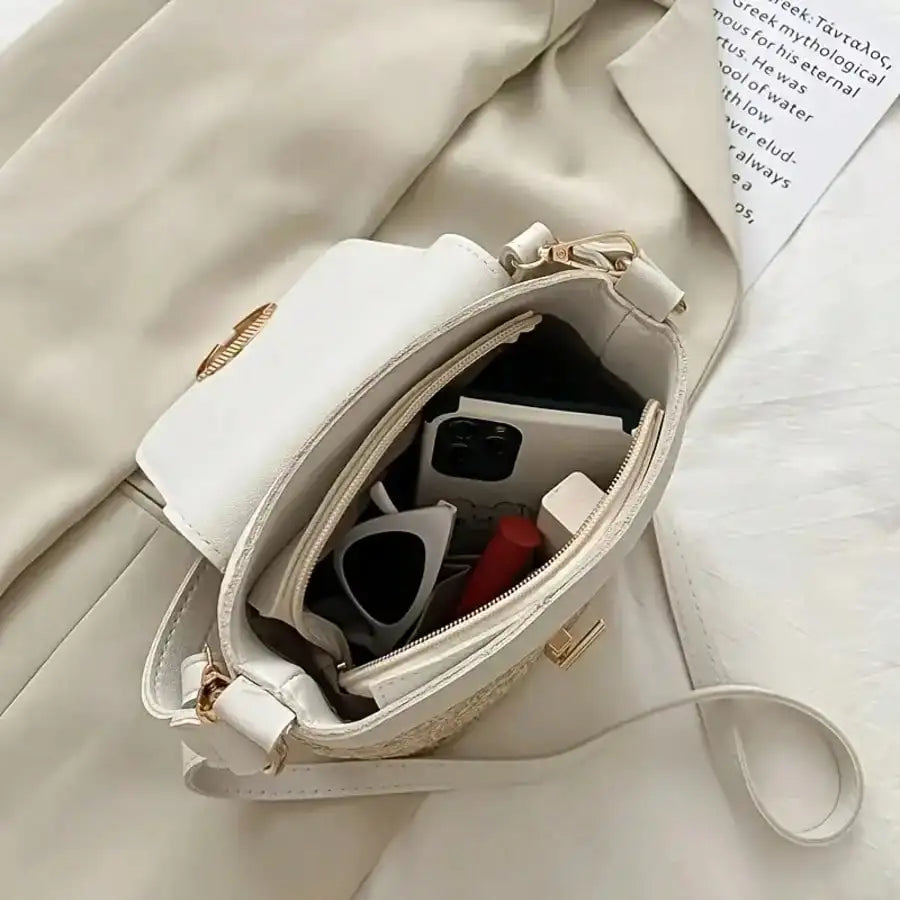 Woven Beach Crossbody Bag, Multi-Functional Adjustable Shoulder Strap, Golden Lock, Suitable For Vacation And Casual Daily Use, Brown/Black/White/Light Blue High-Quality Decorative Travel Handbag