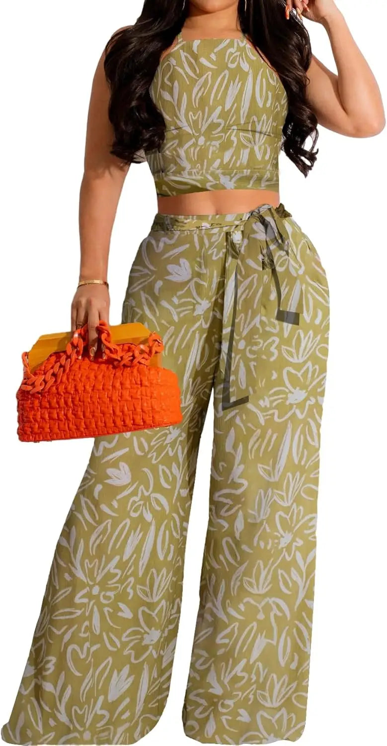 Elegant Two Piece Outfits for Women Sexy Bandage Top Long Straight Pants Swimwear Sets Coverups Vacation Beach