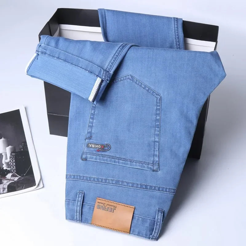 Men Summer Ice Silk Thin Stretch Straight Jeans, Lightweight Cotton Business Casual Denim Trousers