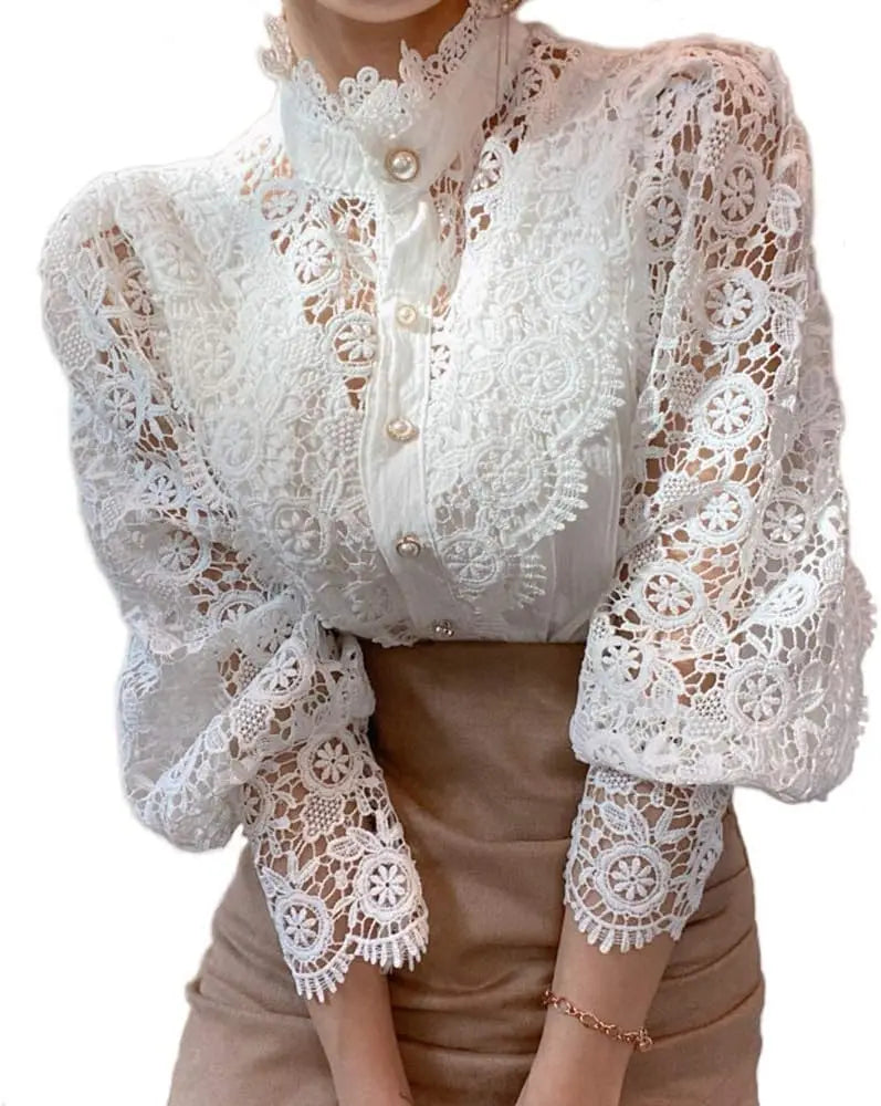 Women’s Elegant Lace Trim Shirts/Casual Victorian Blouse/Long Sleeve Button Down Tops