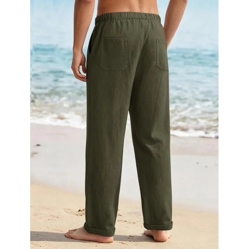 Mens Linen Pants Elastic Waist Drawstring Loose Fit Casual Summer Beach Pants with Pockets Baggy Trousers