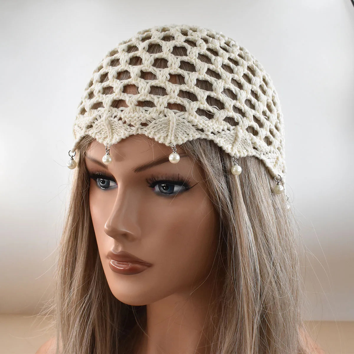 New Women Spring Summer Adjustable Mesh Knitted Pearl pendant Hat Fashion Breathable hollow woven artist with pullover charm Cap