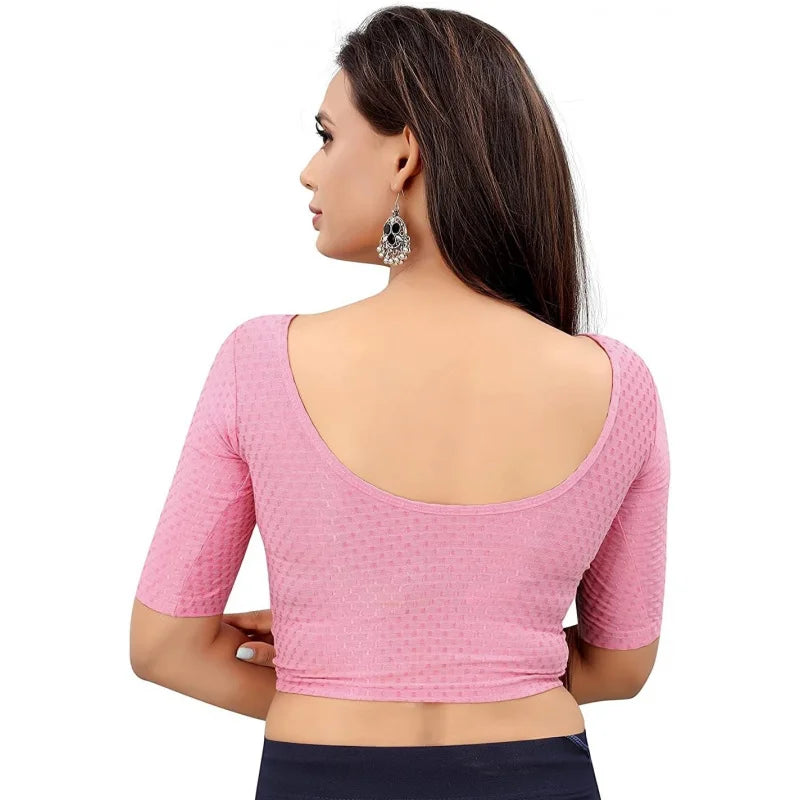 Round Neck dobby Cotton Lycra Stretchable Elbow Sleeve Blouse