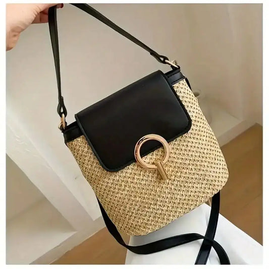 Woven Beach Crossbody Bag, Multi-Functional Adjustable Shoulder Strap, Golden Lock, Suitable For Vacation And Casual Daily Use, Brown/Black/White/Light Blue High-Quality Decorative Travel Handbag
