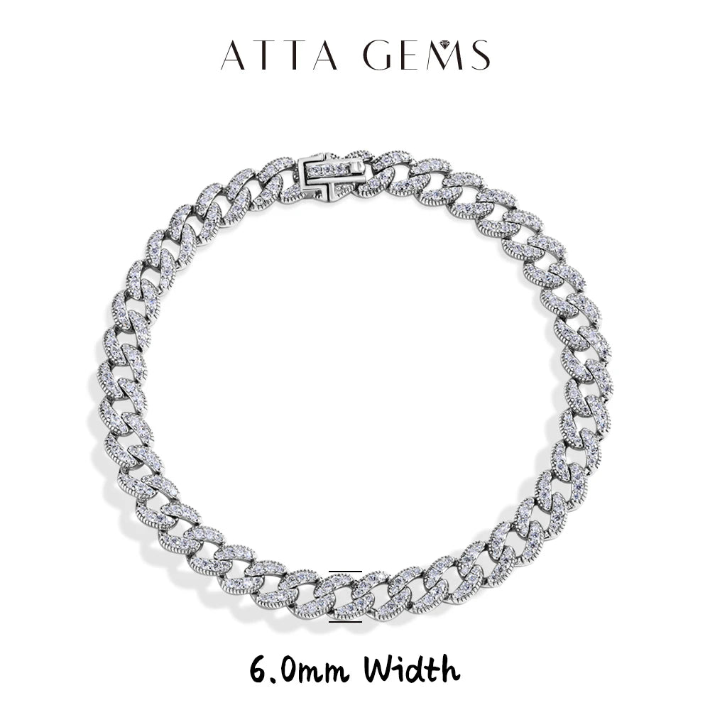 ATTAGEMS Moissanite Cuba Chain 100%S925 Sterling Silver for Man Women Classic Tennis Bracelet Fine Jewelry