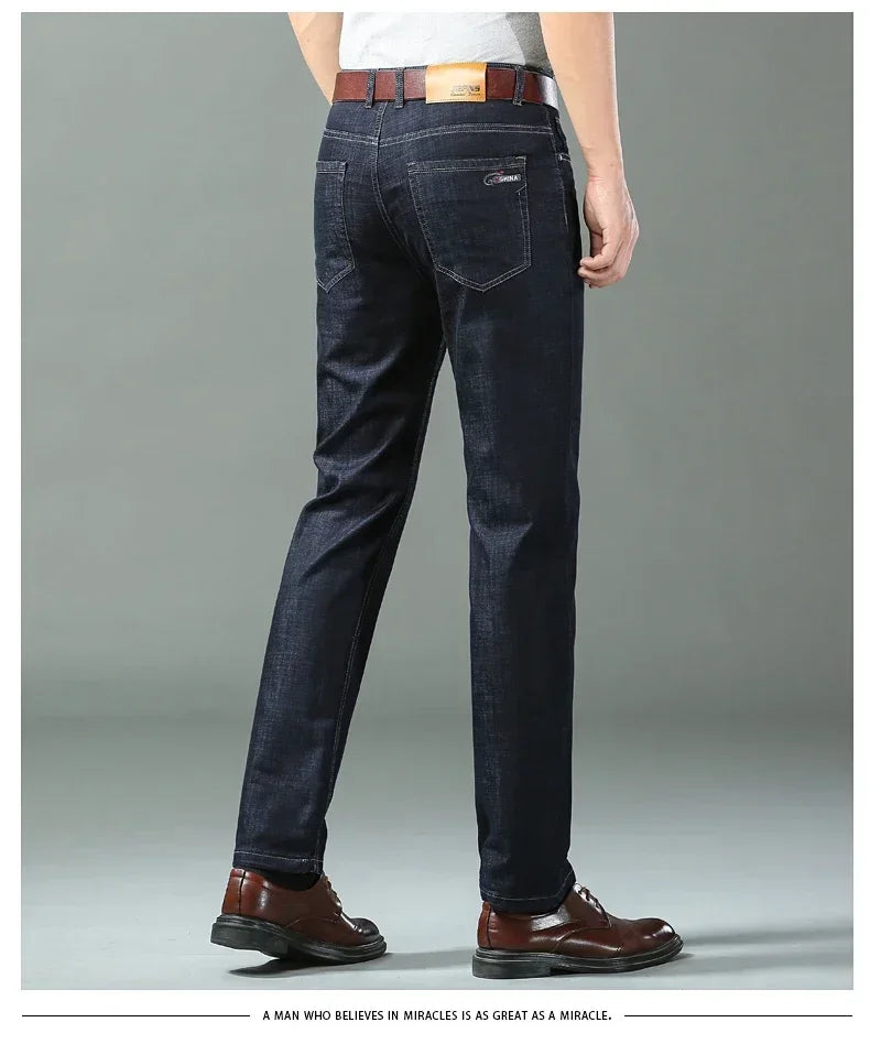 Men Summer Ice Silk Thin Stretch Straight Jeans, Lightweight Cotton Business Casual Denim Trousers