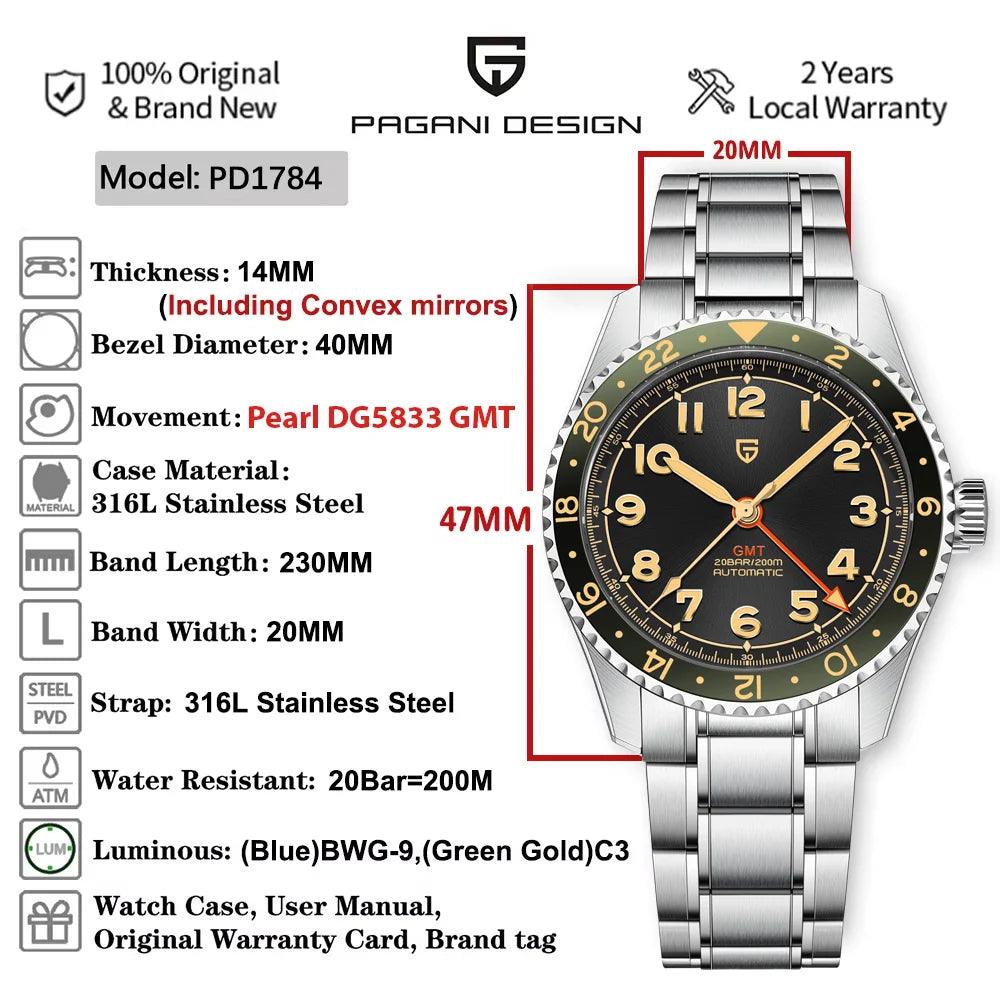 PAGANI DESIGN PD1784 Men’s GMT Automatic Mechanical Watch DG5833 Stainless Steel Sapphire Crystal Waterproof Local Delivery