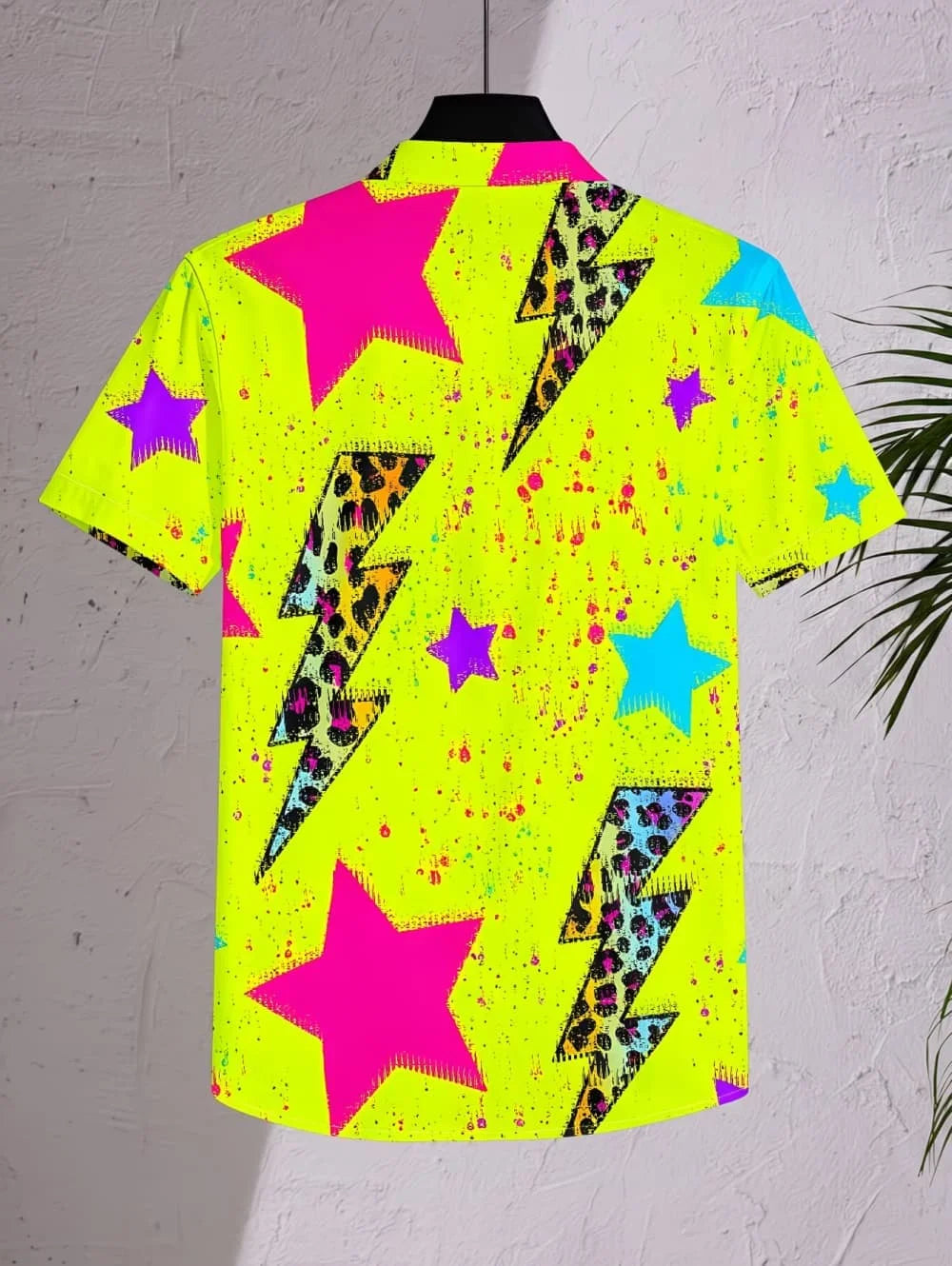 Neon Green Star Pattern Lapel Shirt for Women Leopard Lightning 3D Print Hawaiian Shirts Fashion Short Sleeve Tops Button Blouse