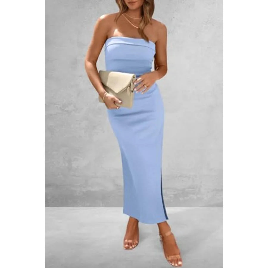 Women's Summer Bodycon Maxi Tube Dress Ribbed Strapless Side Slit Long Going Out Casual Elegant Party Dresses