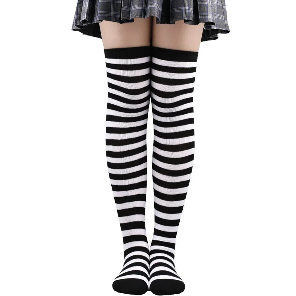 Womens Striped Thigh High Stockings Ladies Girls Black White pink Long Over Above Knee Socks femboy Cosplay Lolita Harajuku Y2k