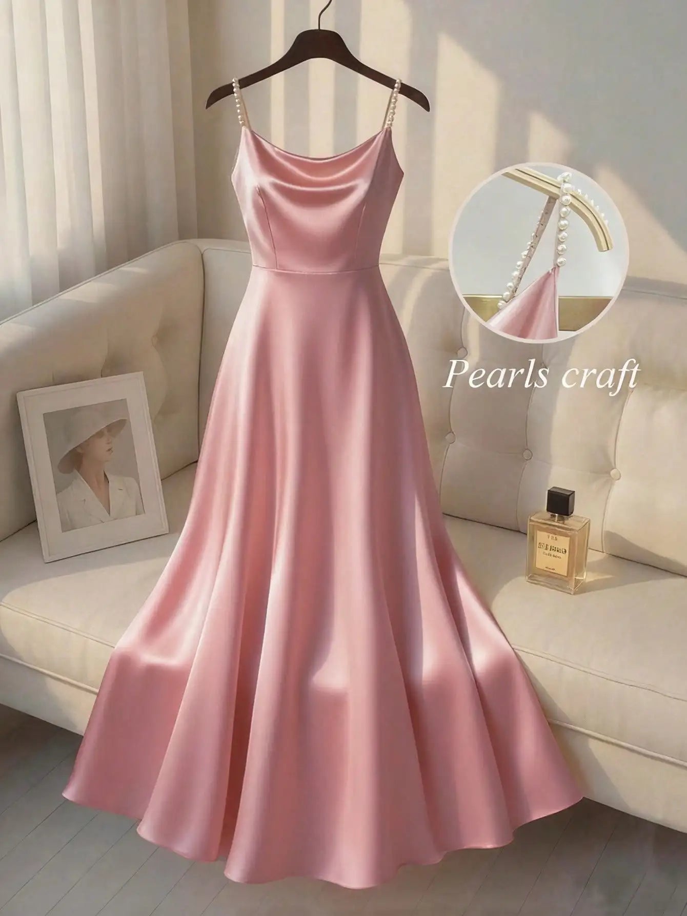 Elegant Satin Pearl Strap Slip Dress A-Line Floor Length For Party Event
