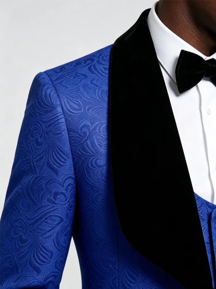 Men Light Blue Jacquard Tuxedo 3 Piece Suit Shawl Black Lapel Slim Fit Blazer Vest Pants Set Wedding Groom Prom Dinner Party Formal Mens Suit
