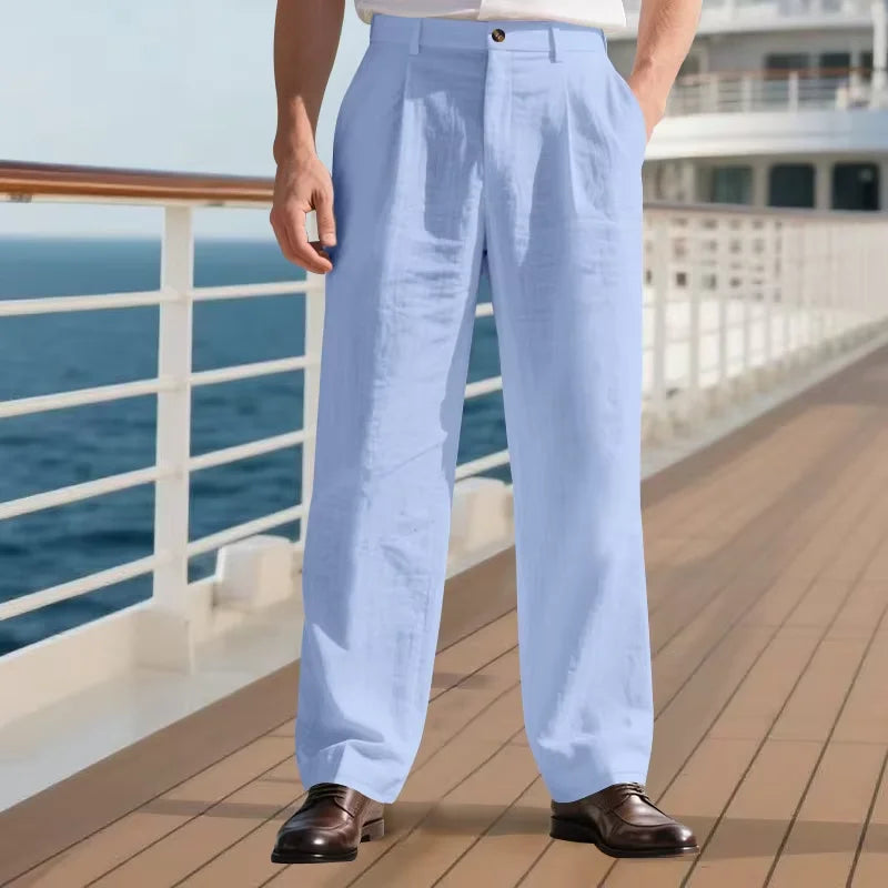 Men's Linen Cotton Pants Classic Straight Fit Trousers Breathable Lightweight Stretch Waist Casual Cool Fabric For Summer Beach