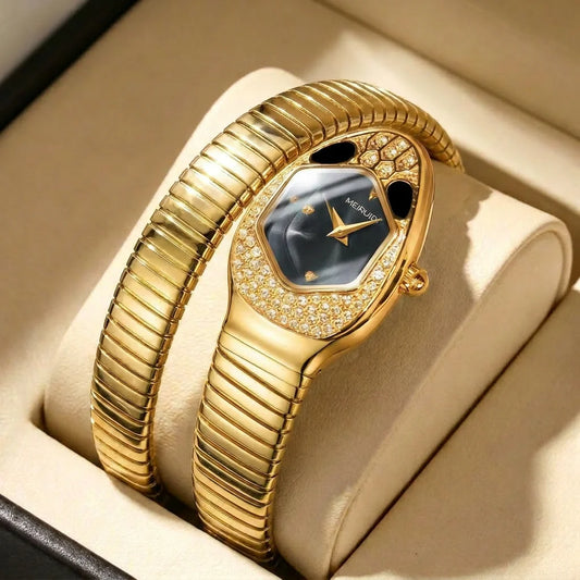A high-end trendy and personalized quartz watch with a golden snake shaped strap for women