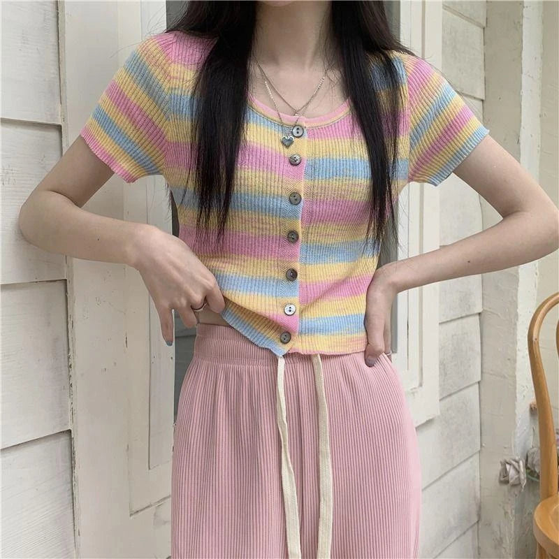 Colorful Striped Knitted Short Sleeve T-shirt Women Summer Korean Style Slim Fit Short Cardigan Woman O-Neck Single-breasted Top
