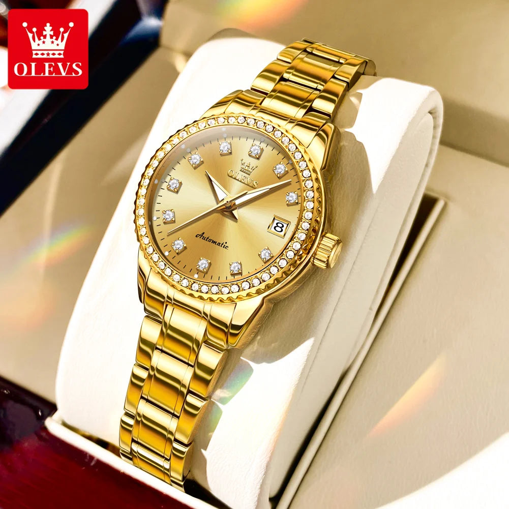 OLEVS Automatic Watch for Women Diamond Gold Luxury Stainless Steel Elegant Original Women's Automatic Watch Necklace Gift Set