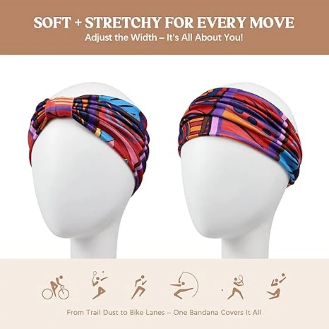 4 Pcs Women's Wide Boho Knotted Non-Slip Turban Headwraps - Stretchy Bandeau Hair Bands for Sports, Yoga, Workouts