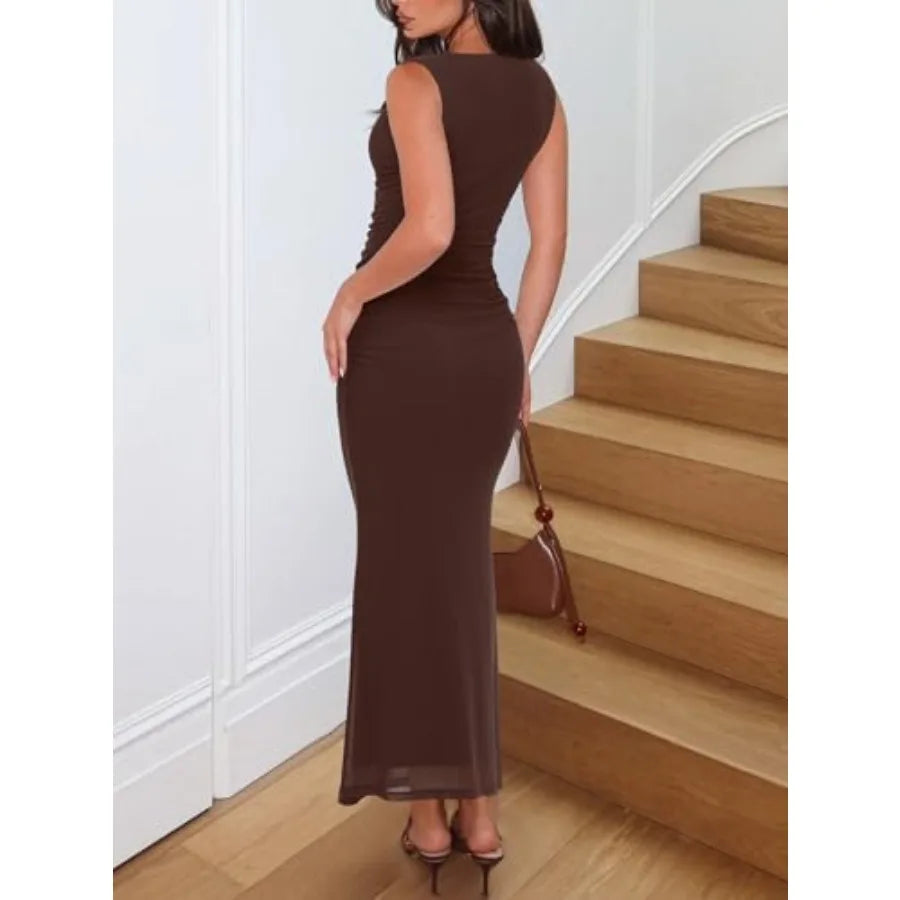 Summer Wedding Guest Maxi Dresses for Women Sleeveless, Square Neck, Sheer Mesh, Ruched, Slim, Bodycon, Formal, Elegant