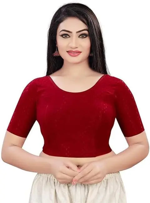 Round Neck Dobby Cotton Lycra Stretchable Elbow Sleeve Readymade Saree Blouse for Women Stylish