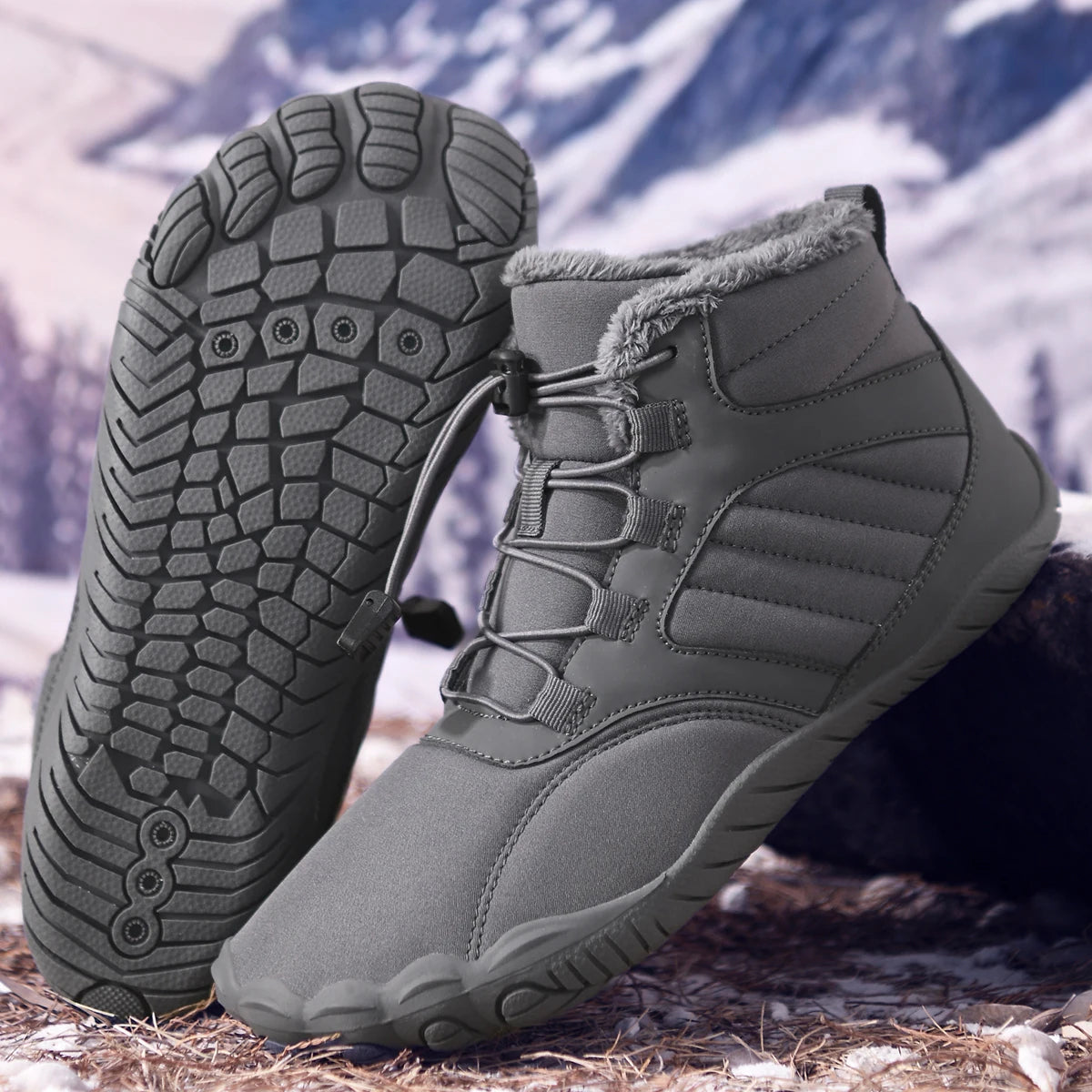 Unisex Winter Fleece Lined Barefoot Snow Boots Five Toe Wide Toe Box Quick Lock Laces Non Slip Warm Outdoor Hiking Trekking Minimalist Cold Weather Walking Casual Footwear