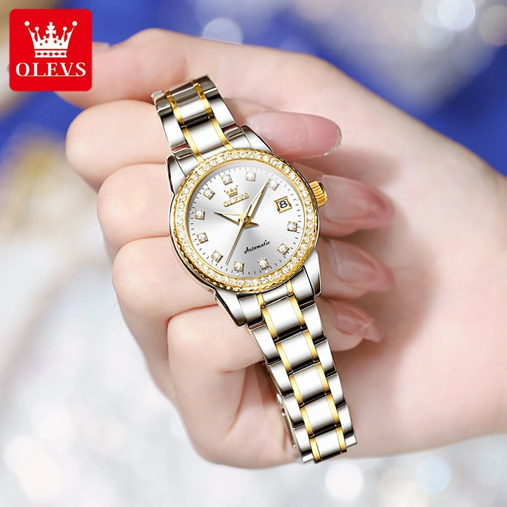 OLEVS Automatic Watch for Women Diamond Gold Luxury Stainless Steel Elegant Original Women's Automatic Watch Necklace Gift Set