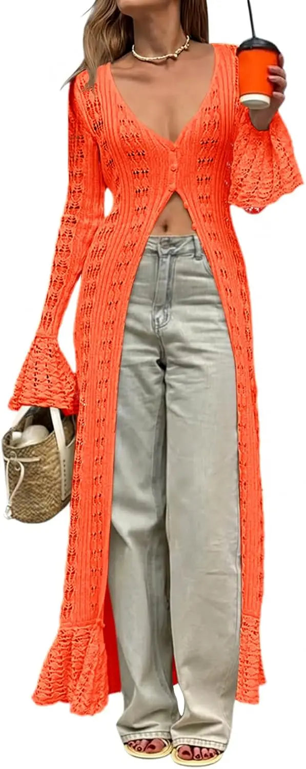Womens Crochet Long Cardigans Duster Button Up Bell Long Sleeve Ruffle 2026 Summer Boho Beach Cover Ups