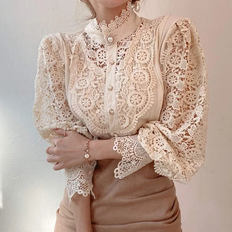 Women’s Elegant Lace Trim Shirts/Casual Victorian Blouse/Long Sleeve Button Down Tops