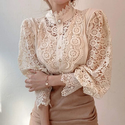 Women’s Elegant Lace Trim Shirts/Casual Victorian Blouse/Long Sleeve Button Down Tops