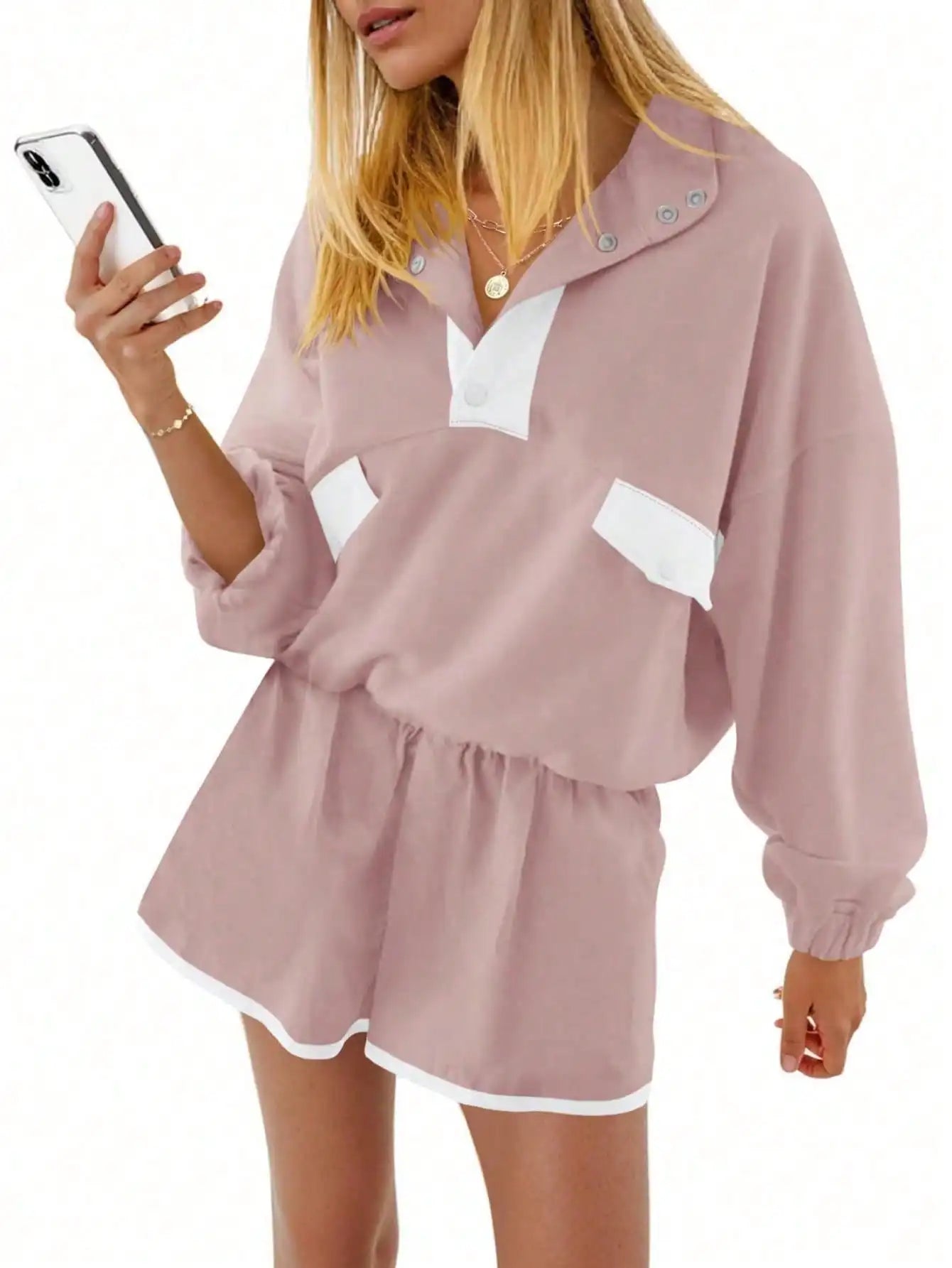 Womens Two Piece Outfits Casual Loose Lounge Set Y2K Color Block Sweatshirt And Running Shorts Fall Streetwear Tracksuit