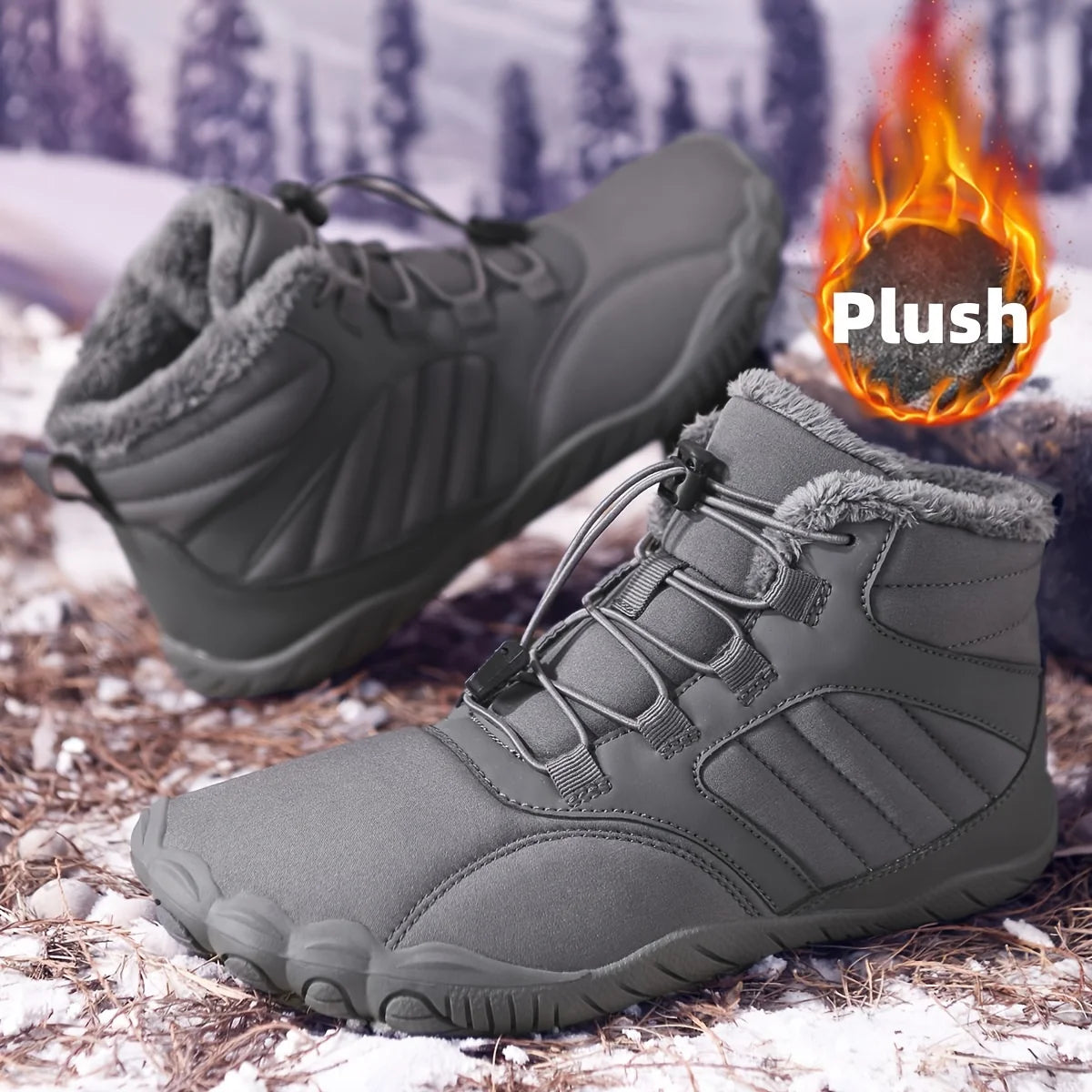 Unisex Winter Fleece Lined Barefoot Snow Boots Five Toe Wide Toe Box Quick Lock Laces Non Slip Warm Outdoor Hiking Trekking Minimalist Cold Weather Walking Casual Footwear