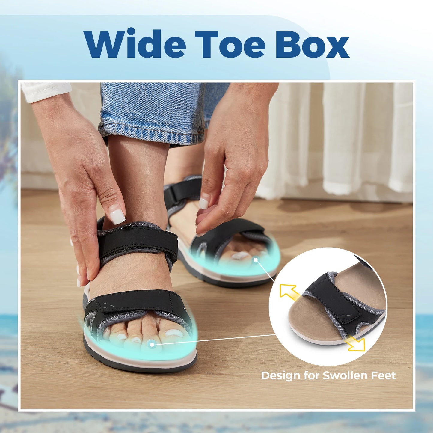 FitVille Women's Sandals Adjustable Ankle Strap for Swollen and Flat Feet Wide Arch Support Open Toe Orthopedic Sandals