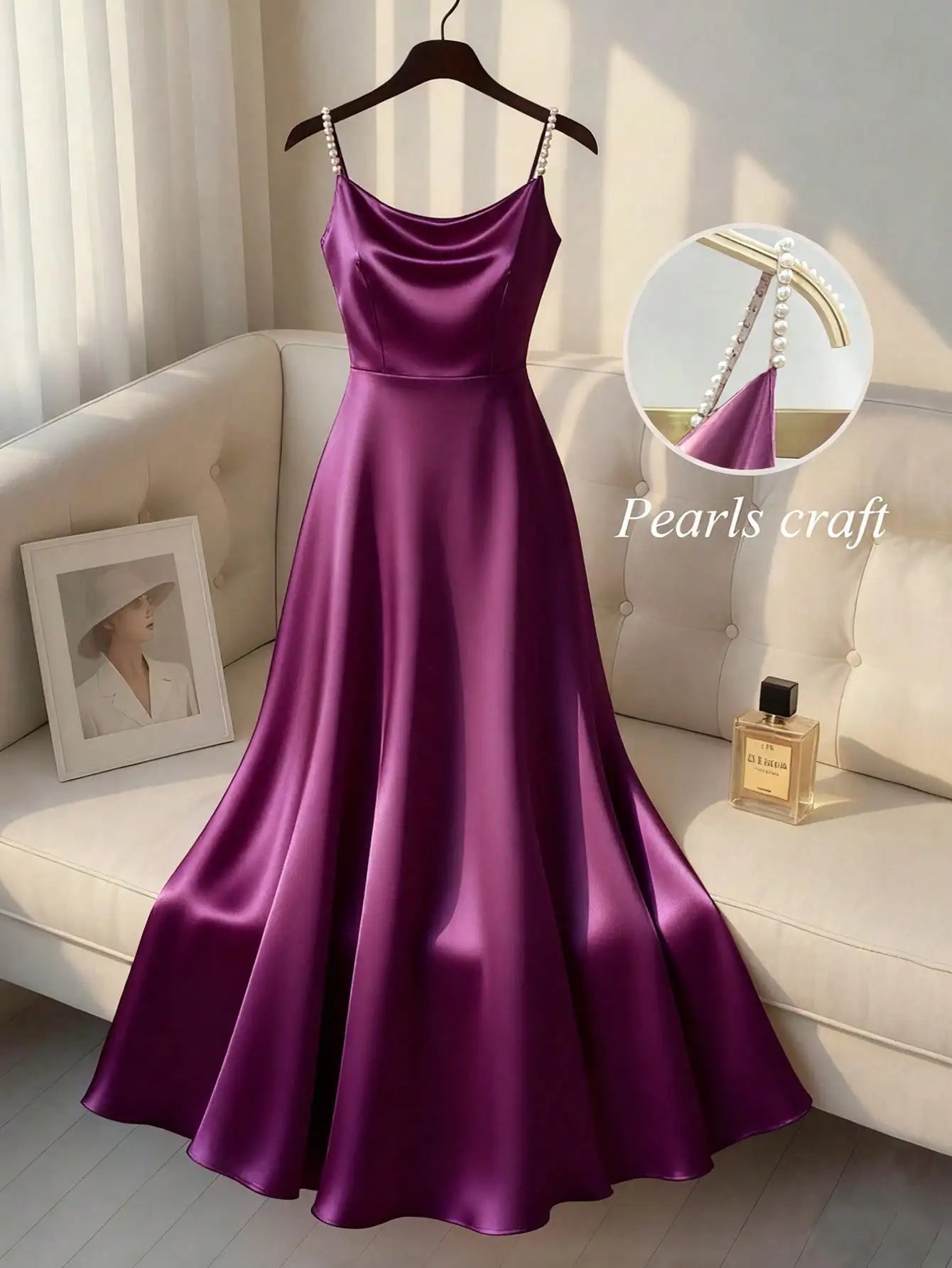 Elegant Satin Pearl Strap Slip Dress A-Line Floor Length For Party Event