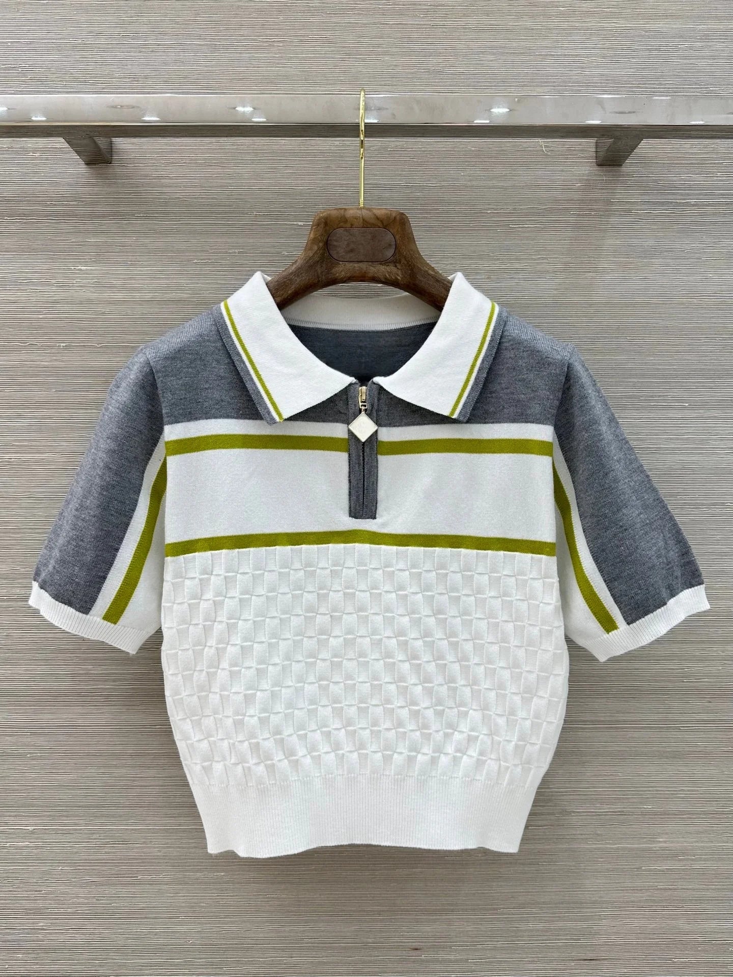 Ladies Knitted Short Sleeve Lapel  Collared Zipper Top with Elastic Waist Short Skirt Set Spring Summer Fashion Casual 2651836