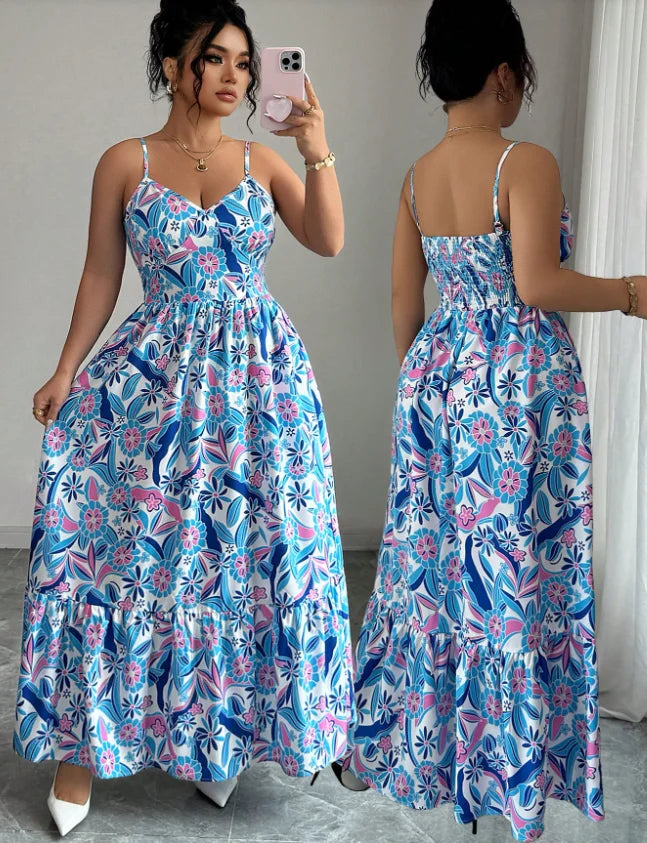 Plus Size Women's Gentle Style Blue and White Floral Camisole Dress; Plus Size Loose Fit; Daily Commute Elegant Long Dress