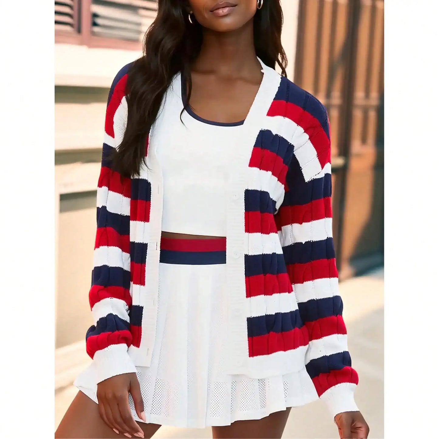 Women's Striped Cable Knit Cardigan Sweater Open Front Long Sleeve Coat Preppy Casual Outwear Coquette Grunge Academic Aesthetic