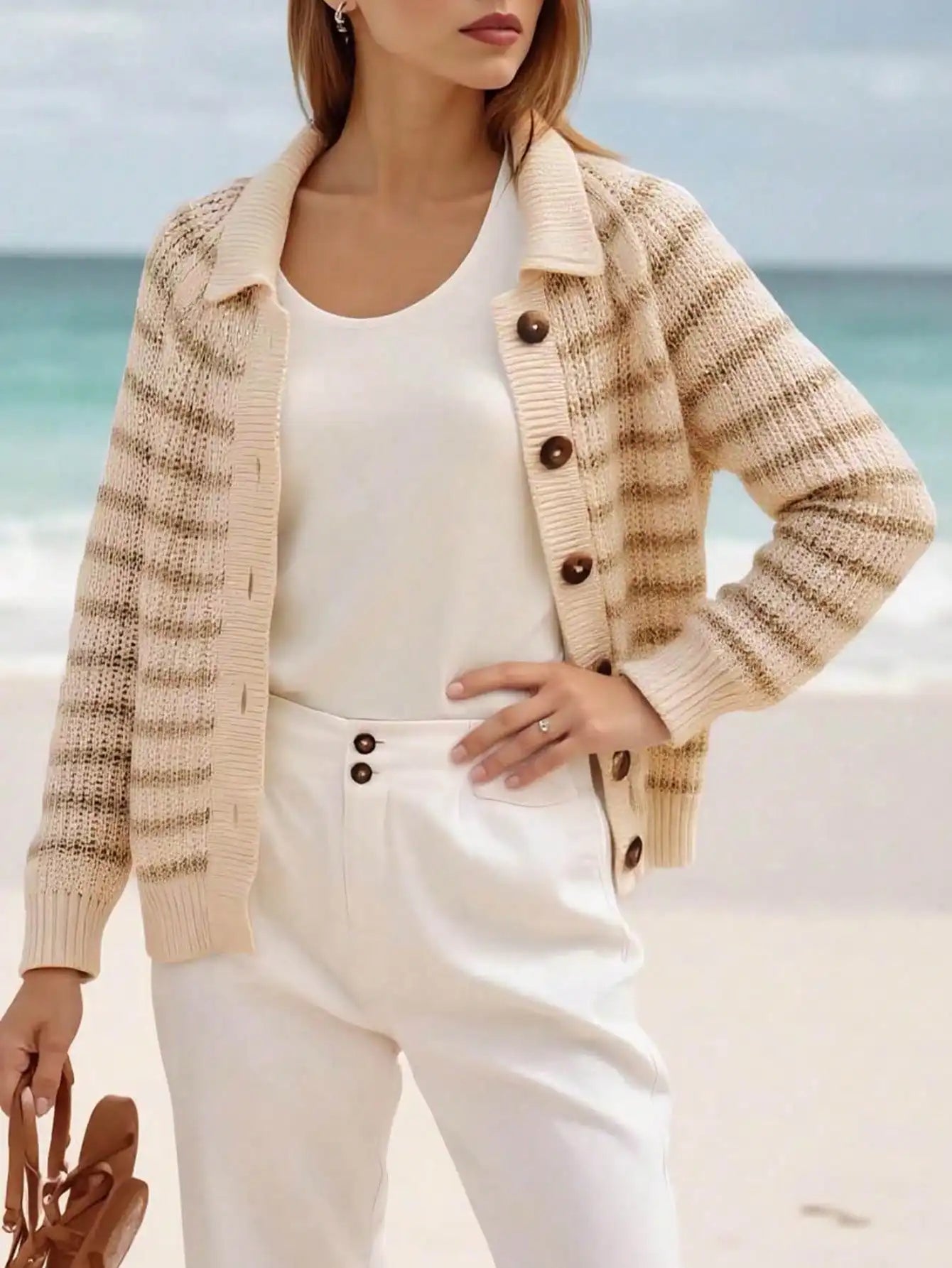 Fisoew polo Neck Knit Cardigan | Women's Open Front Long Sleeve Sweater | Button-Down Jacket Style Cover-Up