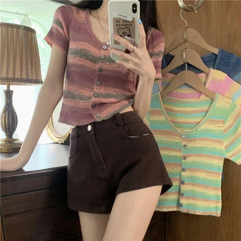 Colorful Striped Knitted Short Sleeve T-shirt Women Summer Korean Style Slim Fit Short Cardigan Woman O-Neck Single-breasted Top