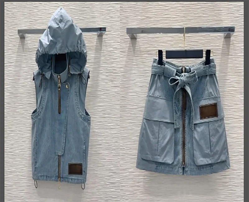 Women's Denim Sleeveless Hooded Zipper Vest with Belted Zipper Short Skirt Set Summer Youth Fashion Casual  2652018