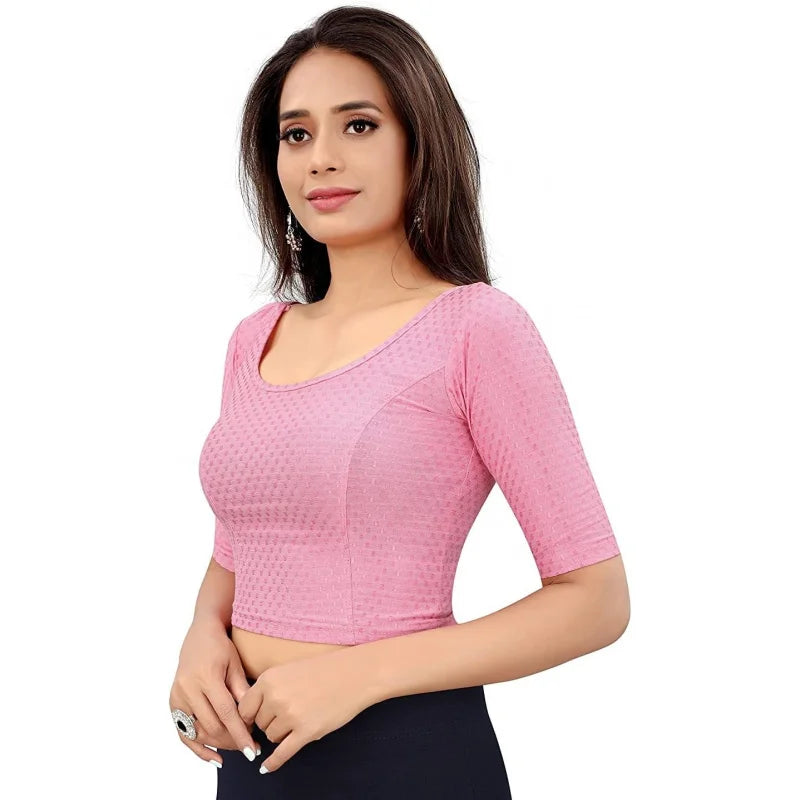 Round Neck dobby Cotton Lycra Stretchable Elbow Sleeve Blouse