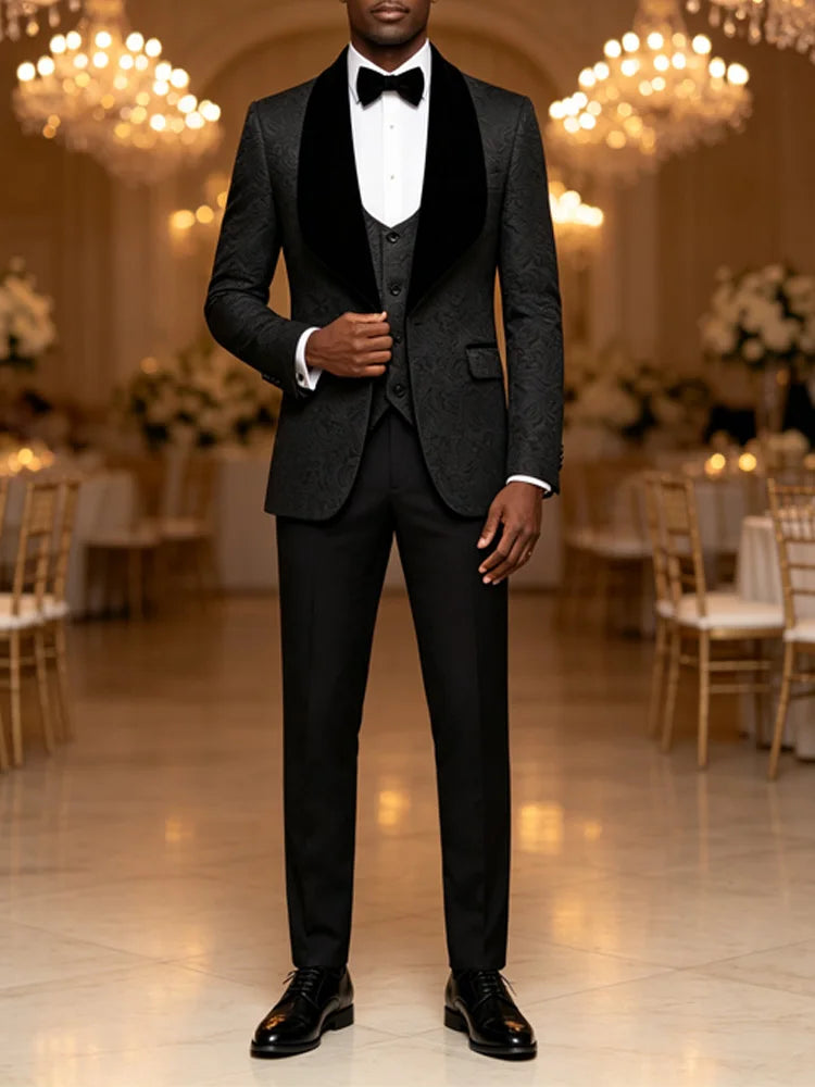 Men Light Blue Jacquard Tuxedo 3 Piece Suit Shawl Black Lapel Slim Fit Blazer Vest Pants Set Wedding Groom Prom Dinner Party Formal Mens Suit