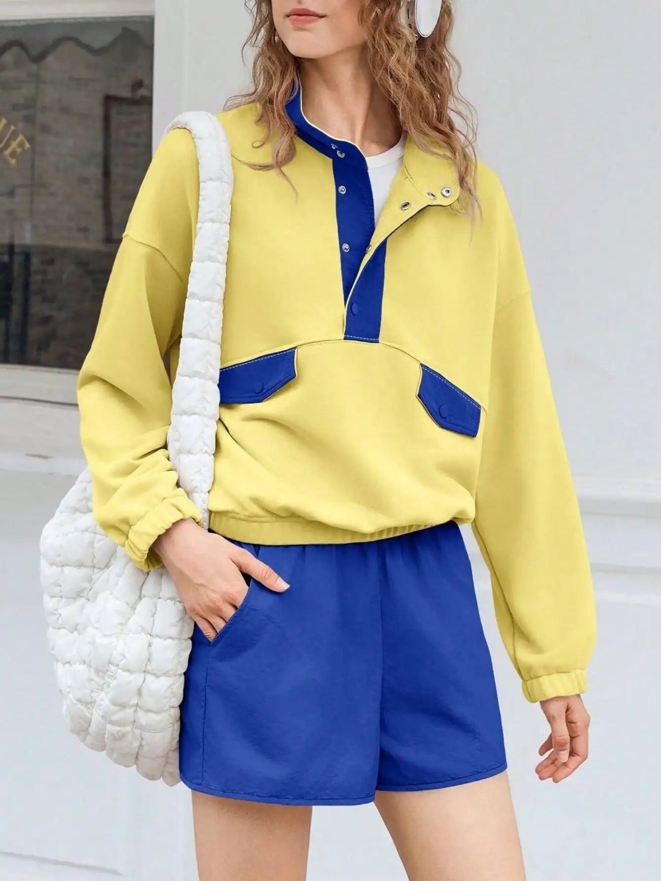 Womens Two Piece Outfits Casual Loose Lounge Set Y2K Color Block Sweatshirt And Running Shorts Fall Streetwear Tracksuit